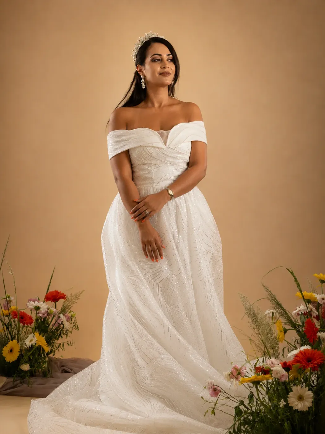 Séance photo de mariée dans un décor floral au studio de Gradignan