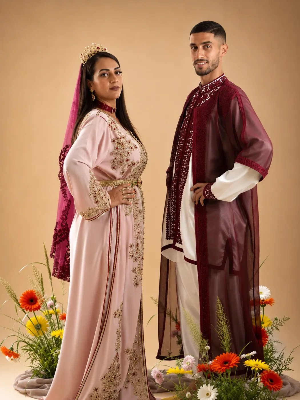 Futurs mariés en tenues traditionnelles lors d'une séance de préparation au studio